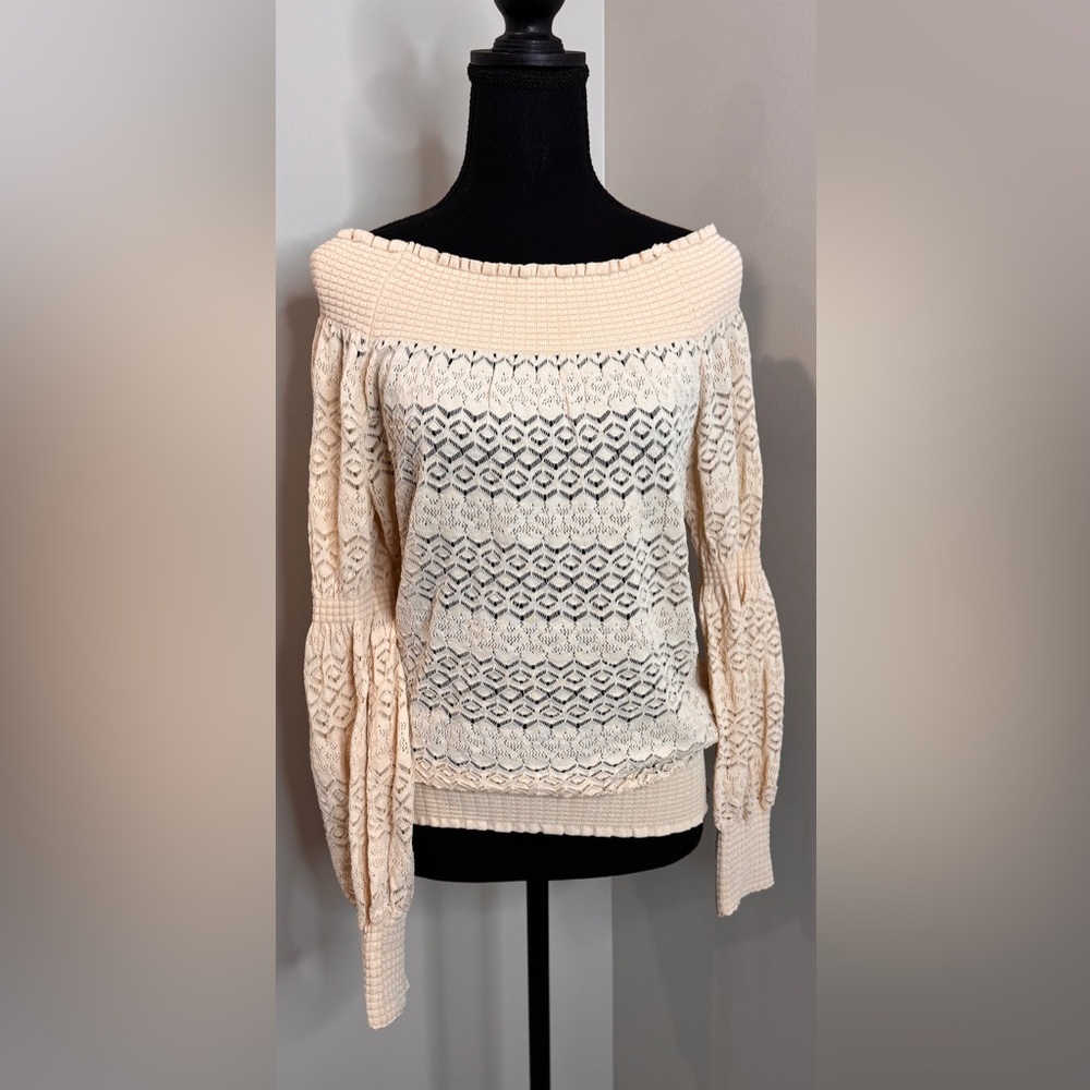 Zara Cream Lace Knit Boho Cottagecore Sweater Smocked Neck Size Small